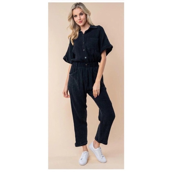 White Birch Pink Gauze Button-Up Jumpsuit | Size Large  boho beachy cottagecore - Picture 9 of 15